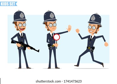 Caricatura de un gracioso personaje de policía británico con casco, gafas y uniforme. Listo para la animación. Los niños corren, sostienen el rifle y detienen la señal. Aislado sobre fondo azul. Conjunto de iconos del vector.
