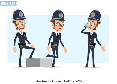 Cartoon flat funny british policeman boy character in helmet, glasses and uniform. Ready for animation. Kid walking up to his goal and talking on phone. Isolated on blue background. Vector icon set.