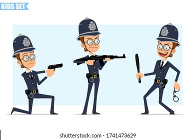 Caricatura de un gracioso personaje de policía británico con casco, gafas y uniforme. Listo para la animación. Un niño dispara con un rifle y se pone de pie con una pistola. Aislado sobre fondo azul. Conjunto de iconos del vector.