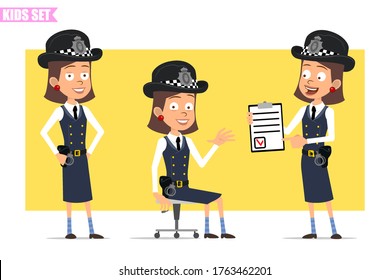 Caricatura graciosa de policía británica personaje de chica con sombrero de casco y uniforme. Listo para la animación. Niña posando, sentada y mostrando para hacer una lista con marca. Aislado sobre fondo amarillo. Conjunto de vectores.