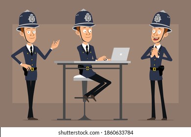 Caricatura de un gracioso personaje de policía británico con sombrero de casco azul y uniforme. Listo para la animación. Aislado sobre fondo marrón. Conjunto de vectores.