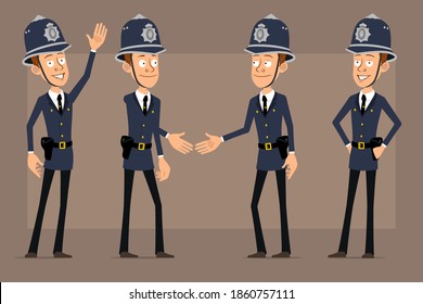 Caricatura de caricaturista gracioso personaje de policía británico con sombrero de casco azul y uniforme. Niño dándole la mano y mostrando gesto de bienvenida. Listo para la animación. Aislado sobre fondo marrón. Conjunto de vectores.