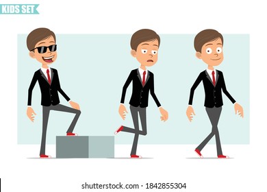 Cartoon flat funny business boy character in black jacket with red tie. Successful tired kid walking up to his goal. Ready for animation. Isolated on gray background. Vector set.