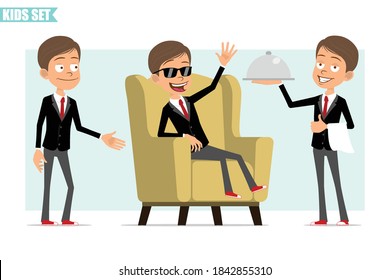 Cartoon flat funny business boy character in black jacket with red tie. Kid holding waiter tray, shaking hands and resting on soft chair. Ready for animation. Isolated on gray background. Vector set.