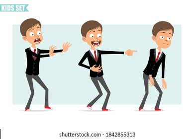 Cartoon flat funny business boy character in black jacket with red tie. Kid scared, sad, tired and showing evil smile. Ready for animation. Isolated on gray background. Vector set.