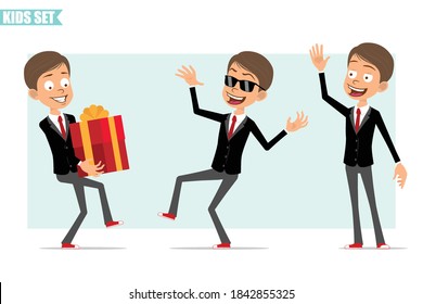 Cartoon flat funny business boy character in black jacket with red tie. Kid carrying holiday gift box and showing Hello gesture. Ready for animation. Isolated on gray background. Vector set.