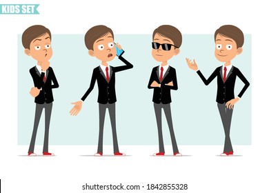 Cartoon flat funny business boy character in black jacket with red tie. Kid thinking, posing and talking on phone. Ready for animation. Isolated on gray background. Vector set.