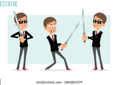 Cartoon flat funny business boy character in black jacket with red tie. Kid holding and fighting with asian samurai sword. Isolated on gray background. Vector set.