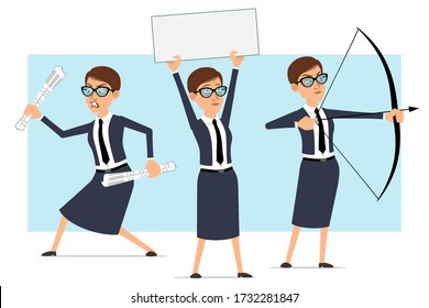 Cartoon flat funny business coach woman character in blue suit and glasses. Ready for animation. Girl shooting from bow and showing blank empty sign for text. Isolated on blue background. Vector set.