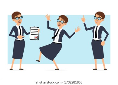 Cartoon flat funny business coach woman character in blue suit and glasses. Ready for animation. Girl showing to do list tablet, attention sign and dancing. Isolated on blue background. Vector set.