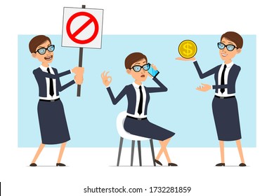 Cartoon flat funny business coach woman character in blue suit and glasses. Ready for animation. Girl holding no entry and dollar sign, talking on phone. Isolated on blue background. Vector set.