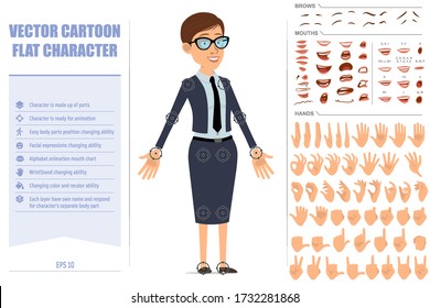 Cartoon flat funny business coach woman character in blue suit and glasses. Ready for animation. Face expressions, eyes, brows, mouth and hands easy to edit. Isolated on white background. Vector set.