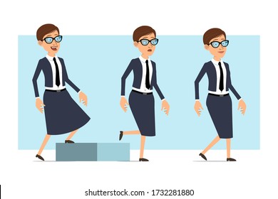 Cartoon flat funny business coach woman character in blue suit and glasses. Ready for animation. Girl walking up to her goal. Isolated on blue background. Vector set.
