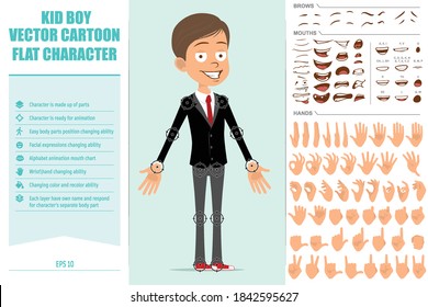 Cartoon flat funny business kid boy character in black jacket with red tie. Ready for animations. Face expressions, eyes, brows, mouth and hands easy to edit. Isolated on blue background. Vector set.