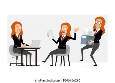 Cartoon flat funny business woman character in black suit with red tie. Girl working on laptop, reading note and carrying paper box. Ready for animation. Isolated on gray background. Vector set.