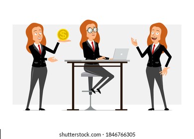 Cartoon flat funny business woman character in black suit with red tie. Girl working on laptop and holding golden coin with dollar sign. Ready for animation. Isolated on gray background. Vector set.