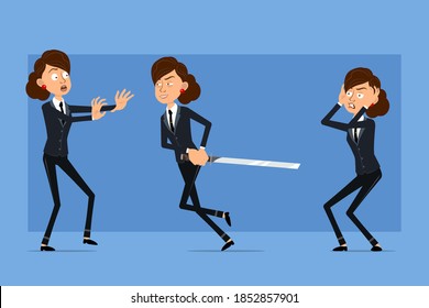 Cartoon flat funny business woman character in black suit with black tie. Girl scared, holding and running with asian sword. Ready for animation. Isolated on blue background. Vector set.