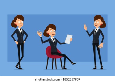 Cartoon flat funny business woman character in black suit with black tie. Girl posing, reading note and showing okay sign. Ready for animation. Isolated on blue background. Vector set