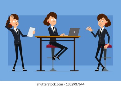 Cartoon flat funny business woman character in black suit with black tie. Girl working on laptop and reading paper note. Ready for animation. Isolated on blue background. Vector set.