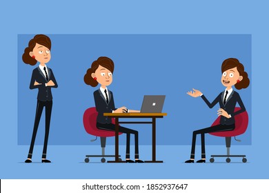 Cartoon flat funny business woman character in black suit with black tie. Girl posing, working on laptop and resting on chair. Ready for animation. Isolated on blue background. Vector set.