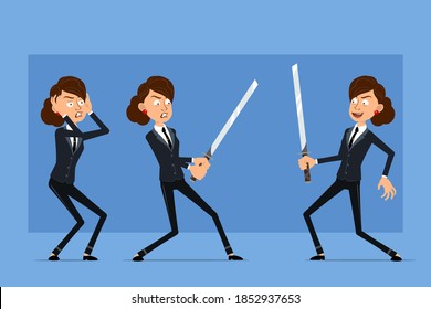 Cartoon flat funny business woman character in black suit with black tie. Girl angry, holding and fighting with asian samurai sword. Ready for animation. Isolated on blue background. Vector set.