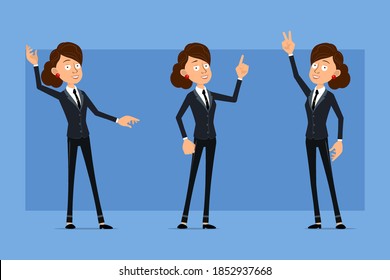 Cartoon flat funny business woman character in black suit with black tie. Girl showing peace and attention sign. Ready for animation. Isolated on blue background. Vector set.