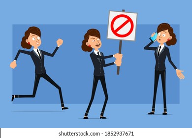 Cartoon flat funny business woman character in black suit with black tie. Girl talking on phone and holding no entry stop sign. Ready for animation. Isolated on blue background. Vector set.