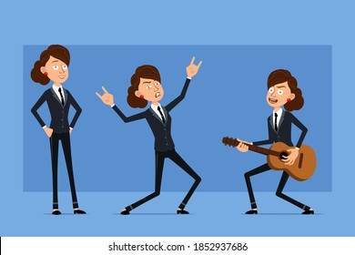 Cartoon flat funny business woman character in black suit with black tie. Girl dancing, playing on guitar and showing rock and roll sign. Ready for animation. Isolated on blue background. Vector set.