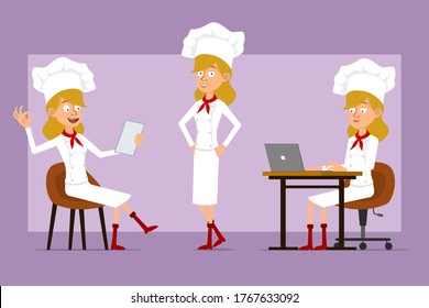 Cartoon flat funny chef cook woman character in white uniform and baker hat. Ready for animation. Girl reading note, working on laptop and showing okay sign. Isolated on violet background. Vector set.