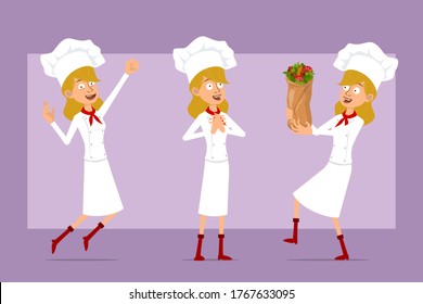 Cartoon flat funny chef cook woman character in white uniform and baker hat. Ready for animation. Girl jumping and carrying tasty fresh kebab shawarma. Isolated on violet background. Vector set.
