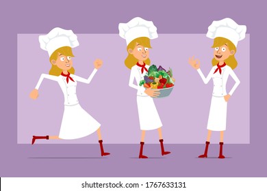Cartoon flat funny chef cook woman character in white uniform and baker hat. Ready for animation. Girl running and carrying metal pot with fresh vegetables. Isolated on violet background. Vector set.