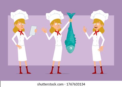 Cartoon flat funny chef cook woman character in white uniform and baker hat. Ready for animation. Girl reading, showing ok sign and holding big fish. Isolated on violet background. Vector set.