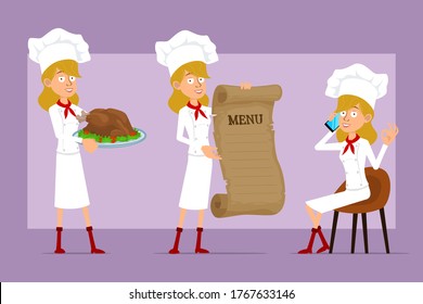 Caricatura de chistoso chef cocinero personaje femenino con uniforme blanco y sombrero panadero. Listo para la animación. Chica hablando por teléfono, sosteniendo el menú y sabrosa pavo frito. Aislado sobre fondo violeta. Conjunto de vectores.