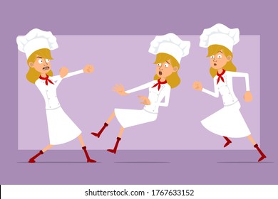 Cartoon flat funny chef cook woman character in white uniform and baker hat. Ready for animation. Girl running, fighting and falling down. Isolated on violet background. Vector set.