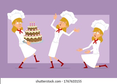 Cartoon flat funny chef cook woman character in white uniform and baker hat. Ready for animation. Girl carrying big birthday cake and falling unconscious. Isolated on violet background. Vector set.