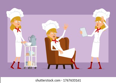 Cartoon flat funny chef cook woman character in white uniform and baker hat. Ready for animation. Girl resting on sofa and walking with coffee hotel table. Isolated on violet background. Vector set.