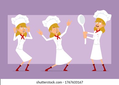 Cartoon flat funny chef cook woman character in white uniform and baker hat. Ready for animation. Girl holding big spoon and showing rock and roll gesture. Isolated on violet background. Vector set.