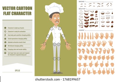 Cartoon flat funny chef cook man character in white uniform and baker hat. Ready for animation. Face expressions, eyes, brows, mouth and hands easy to edit. Isolated on green background. Vector set.