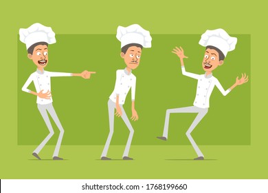 Cartoon flat funny chef cook man character in white uniform and baker hat. Man sad, tired, laughing, jumping and dancing. Ready for animation. Isolated on green background. Vector icon set.