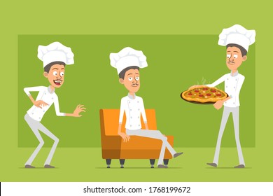 Cartoon flat funny chef cook man character in white uniform and baker hat. Man resting, carrying italian pizza with salami. Ready for animation. Isolated on green background. Vector set.