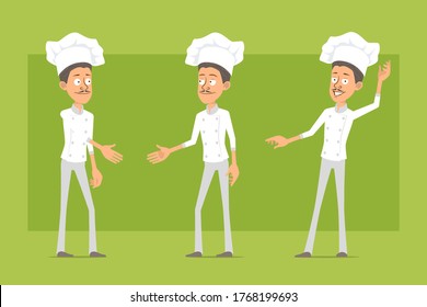 Cartoon flat funny chef cook man character in white uniform and baker hat. Man shaking hands and showing hello gesture. Ready for animation. Isolated on green background. Vector icon set.