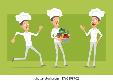 Cartoon flat funny chef cook man character in white uniform and baker hat. Man running and carrying metal pot with fresh vegetables. Ready for animation. Isolated on green background. Vector icon set.