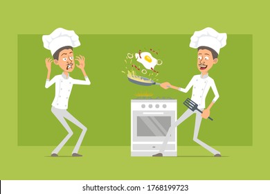 Cartoon flat funny chef cook man character in white uniform and baker hat. Man scared and cooking fried egg with bacon. Ready for animation. Isolated on green background. Vector icon set.