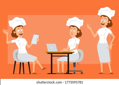Cartoon flat funny chef cook woman character in white uniform and baker hat. Girl reading note, working on laptop and showing okay sign. Ready for animation. Isolated on orange background. Vector set.