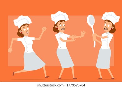 Cartoon flat funny chef cook woman character in white uniform and baker hat. Girl scared, holding big spoon and running. Ready for animation. Isolated on orange background. Vector set.