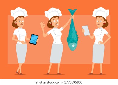 Cartoon flat funny chef cook woman character in white uniform and baker hat. Girl reading, showing ok sign and holding big fish. Ready for animation. Isolated on orange background. Vector set.
