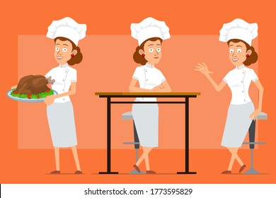 Cartoon flat funny chef cook woman character in white uniform and baker hat. Girl posing and carrying tasty fried turkey or chicken Isolated on orange background. Ready for animation.. Vector set.
