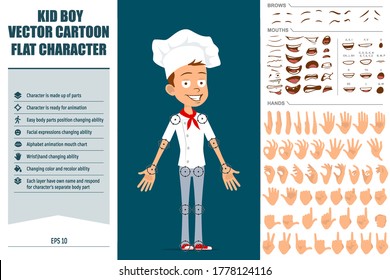 Cartoon flat funny chef cook boy character in white uniform and baker hat. Ready for animations. Face expressions, eyes, brows, mouth and hands easy to edit. Isolated on blue background. Vector set.