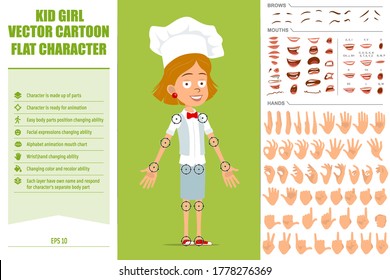 Cartoon flat funny chef cook girl character in white uniform and baker hat. Ready for animations. Face expressions, eyes, brows, mouth and hands easy to edit. Isolated on olive background. Vector set.