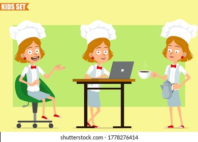 Cartoon flat funny chef cook girl character in white uniform and baker hat. Kid posing and carrying coffee kettle pot and cup on dish. Ready for animation. Isolated on olive background. Vector set.